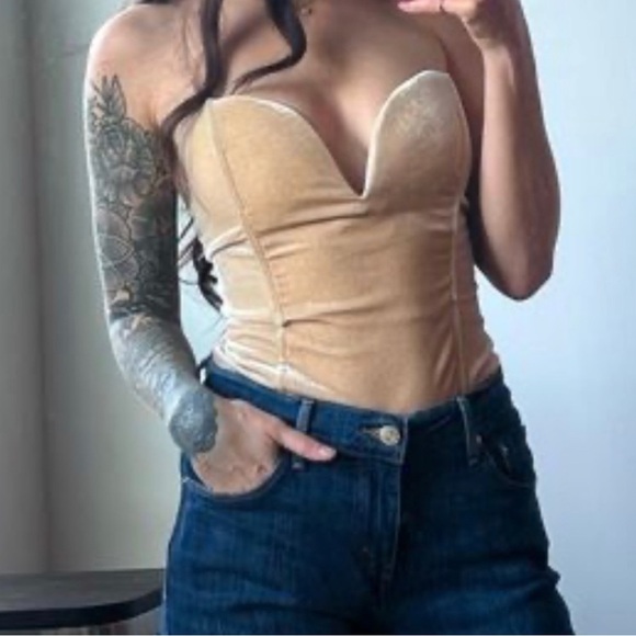 NWT Velvet nude tan bodysuit that snaps and ties up like corset in back Clothink - Picture 1 of 11